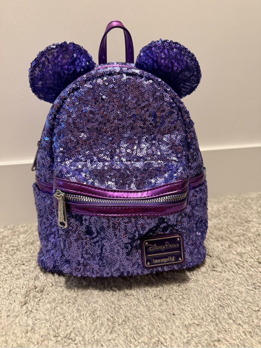 Loungefly Purple Sequin Mini Backpack and matching wallet
